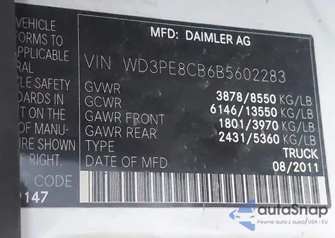 2011 Mercedes-Benz Sprinter 2500 High Roof z USA, uszkodzony, nr VIN WD3PE8CB6B5602283